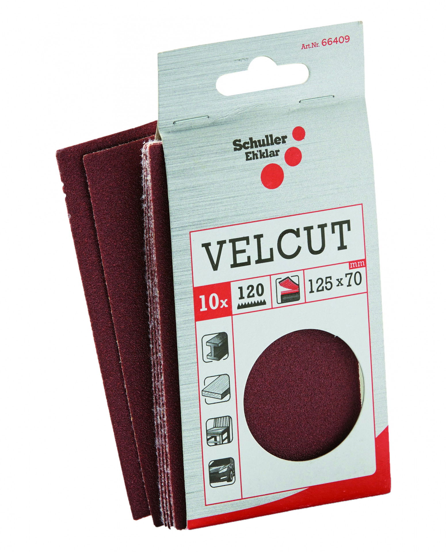 Schuller VELCUT tépőzáras Velcro csiszolópapír, 70 x 125 mm, P120, 10 db/csomag termék fő termékképe